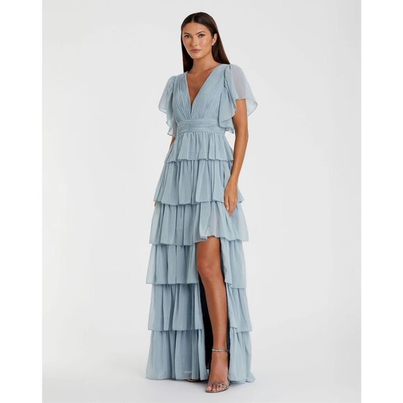 Mac Duggal NWT Flutter Sleeve Ruffle Tiered Gown in Slate Blue Size 8 - Picture 1 of 8